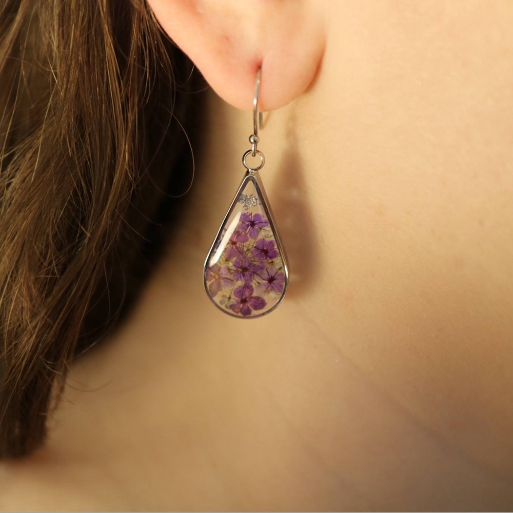 Purple Pressed Floral Teardrop Earrings